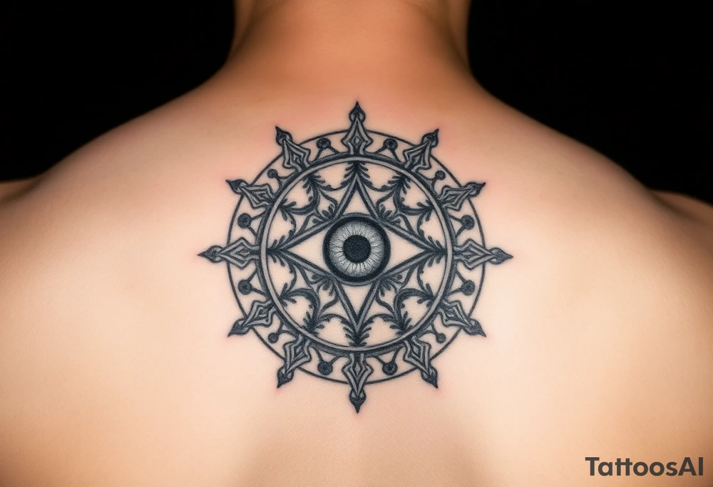 A abundance and protection symbol with an evil eye protection symbol (not an eye) in full color in the center of it.  I’d like it windy very small “so mote it be” with a magic wand  make exactly what I type tattoo idea