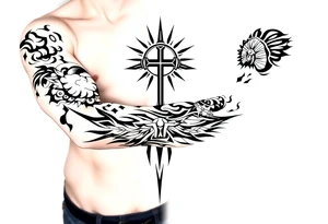 Half sleeve. powerful, cloud, cross, sun rays tattoo idea