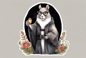 an elderly grey squirrel with a white beard and mustache wearing a black robe and wire-rimmed glasses standing in an ancient library tattoo idea