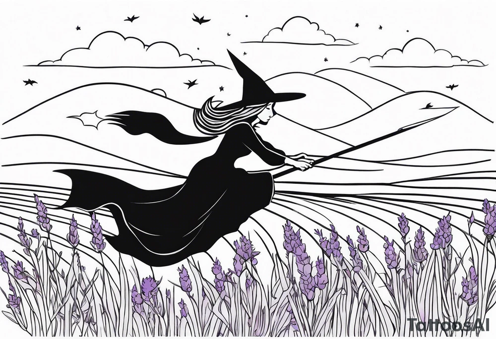 Witch on a broom flying over a field of lavender tattoo idea