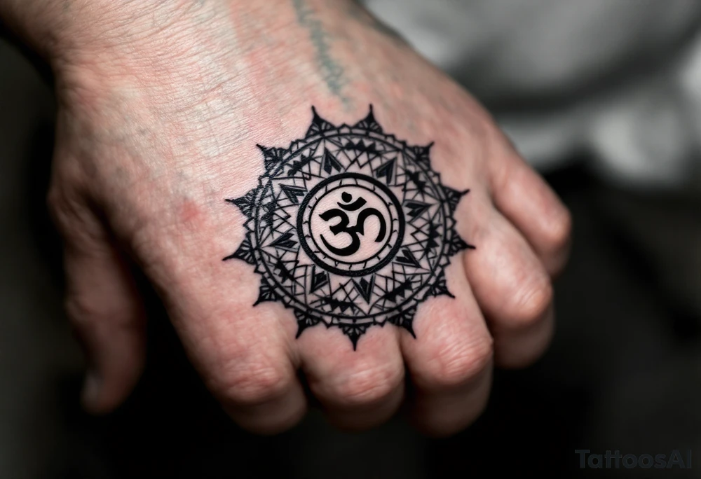 wheel of Dharmachakra with an ohm symbol in the middle tattoo idea