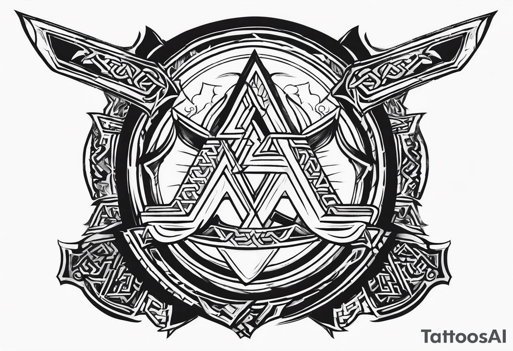 Valhalla sword shield axe Valknut fog tattoo idea