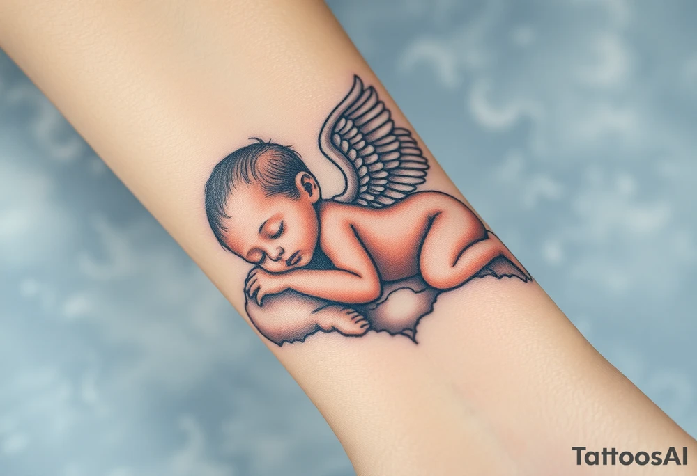 Sleeping Winged baby, laying on the clouds tattoo idea