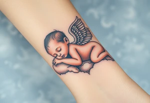 Sleeping Winged baby, laying on the clouds tattoo idea