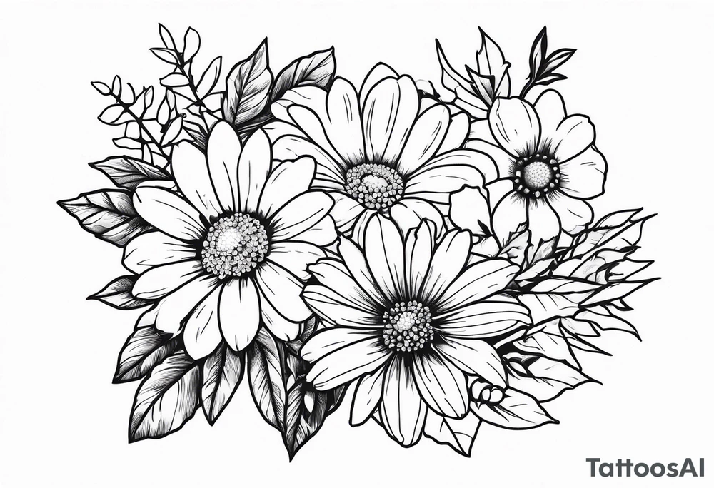 Daisy, rose, holly flower bouquet tattoo idea