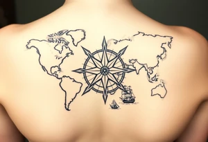 antique compass rose overlaid on weathered world map with sailing ships tattoo idea