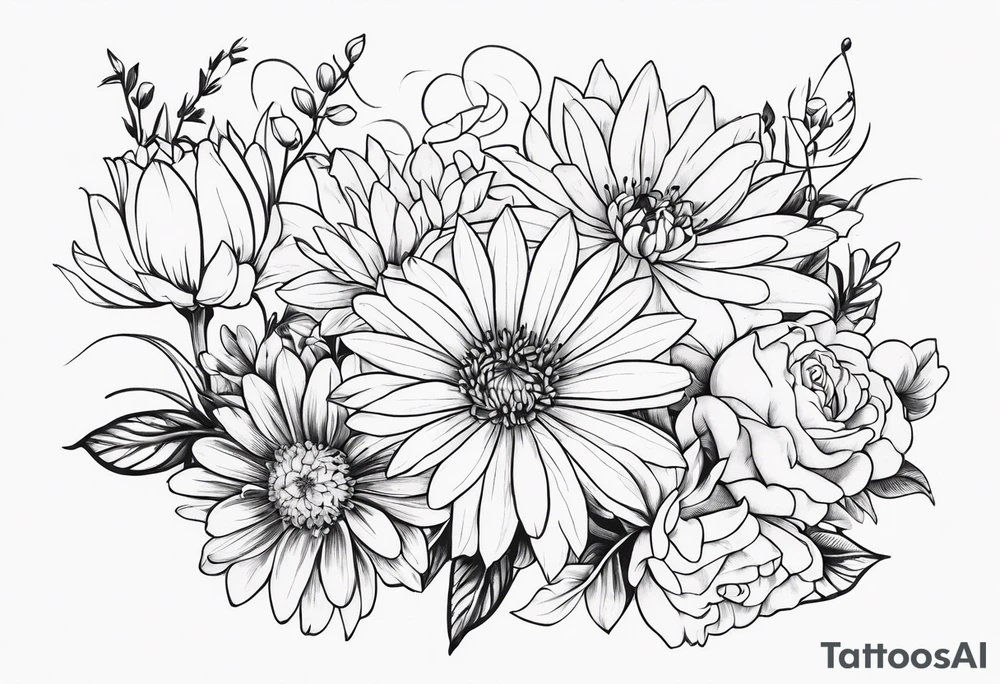 Asters, roses, Lillies, chrysanthemums in a long line tattoo idea