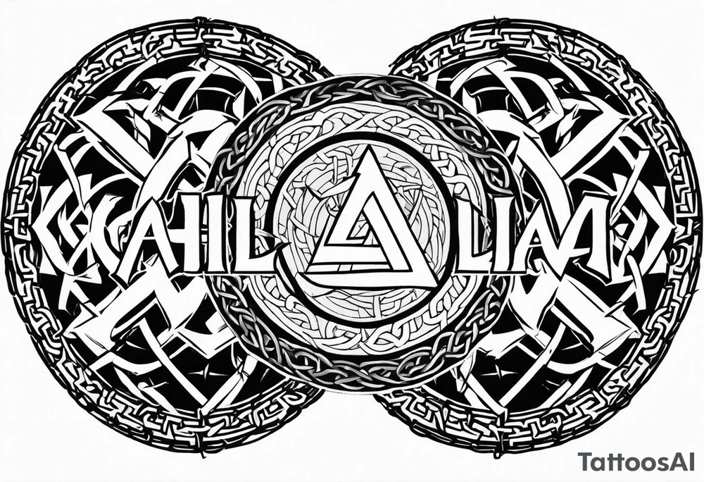 Valhalla round shield axe
Valknut barbed wire chains tattoo idea
