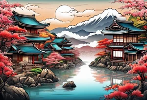 Japanese motives tattoo looking like a scenery tattoo idea