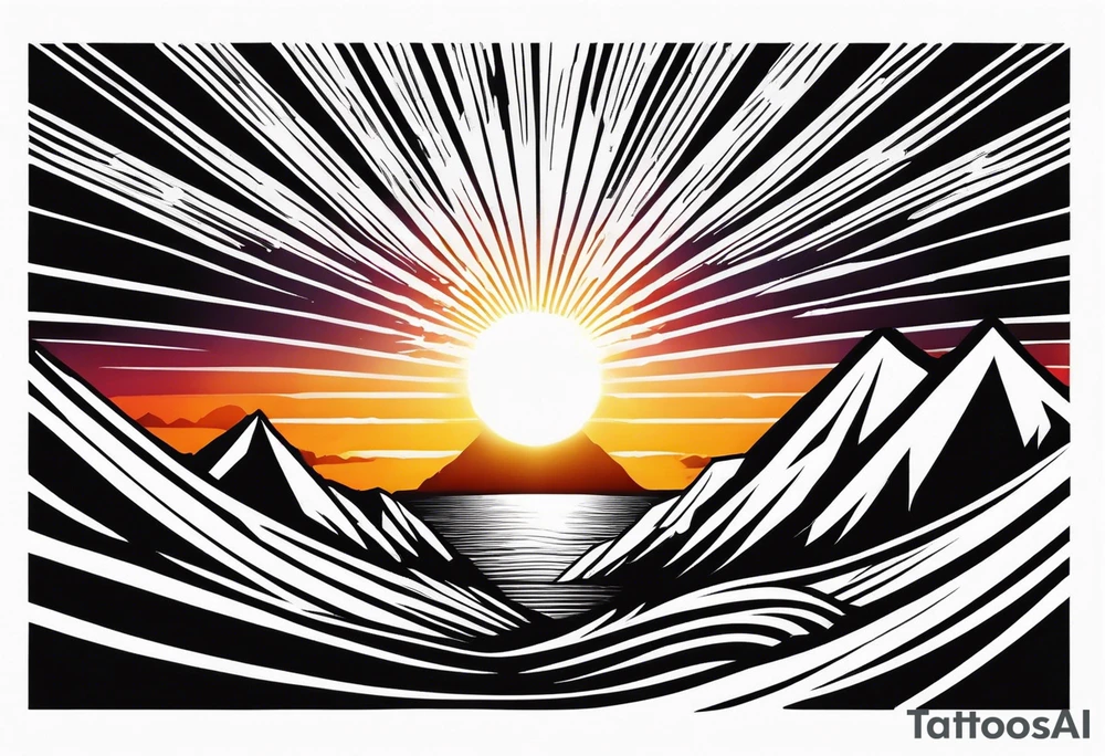 Sunset with rays coming down a mountain with God in the rays tattoo idea