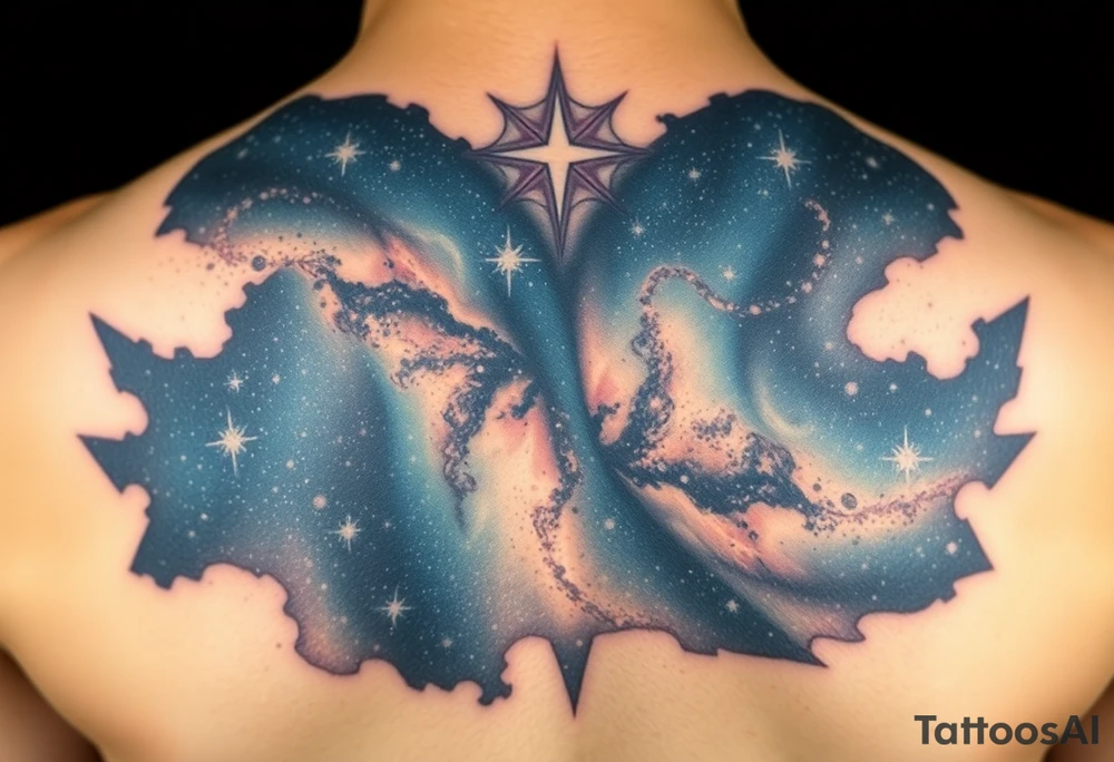 Beautiful and epic 3d milky way that appears to be what is beneath the skin. Make it drape over the shoulder and move to the middle back. use negative spaces to create stars and dust. Incorporate God breathing life into the universe. Keep it symmetrical tattoo idea