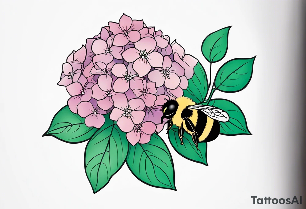 Small tattoo. There’s a hydrangea and a bee but they are not touching. Make the bee smaller than the hydrangea and have the bee off to the side. Bee is smaller than the hydrangea tattoo idea