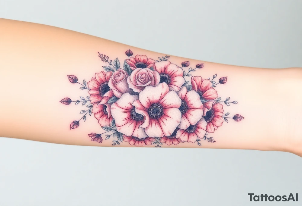 Bouquet of roses, carnations, marigolds, asters and poppies tattoo idea