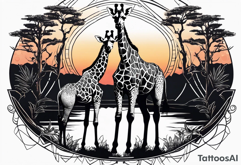 Two young giraffes standing in front of a sunset with one having a halo over its head tattoo idea