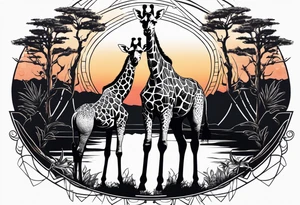 Two young giraffes standing in front of a sunset with one having a halo over its head tattoo idea