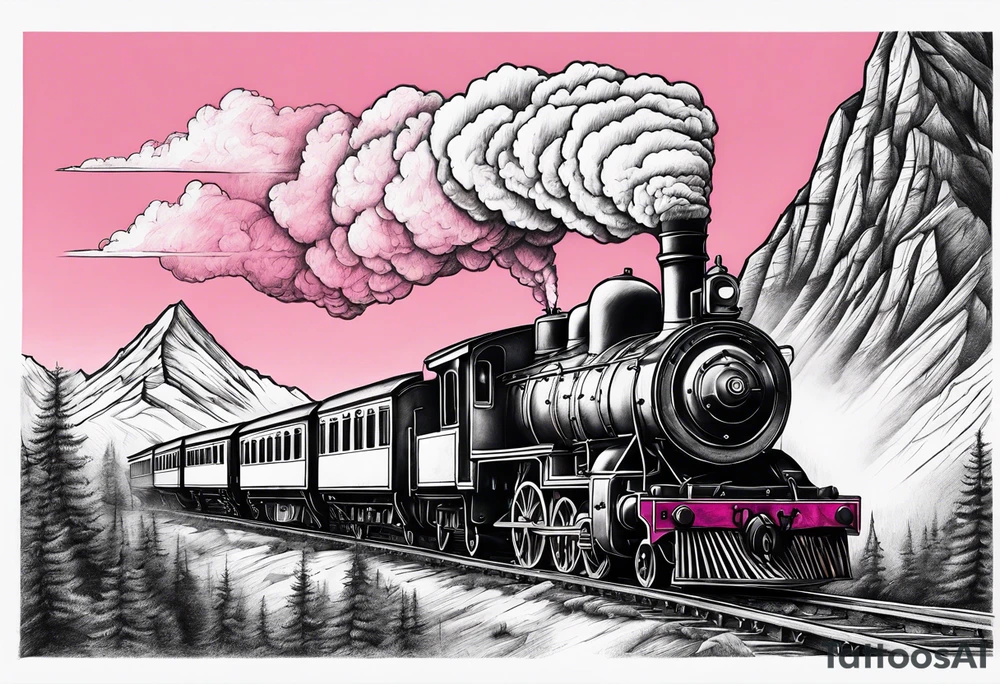 Mountain with steam train travelling down the mountain with pink horizon tattoo idea