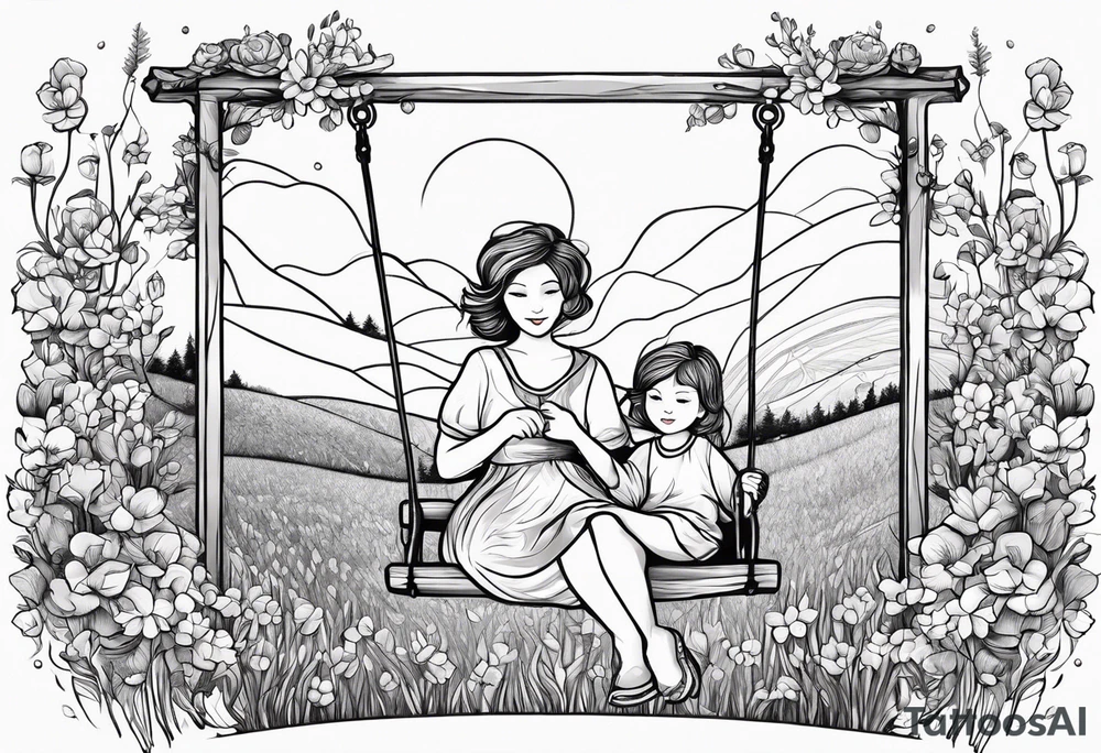 Mom with son and daughter on a swing in the distance in a field of flowers tattoo idea
