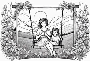Mom with son and daughter on a swing in the distance in a field of flowers tattoo idea