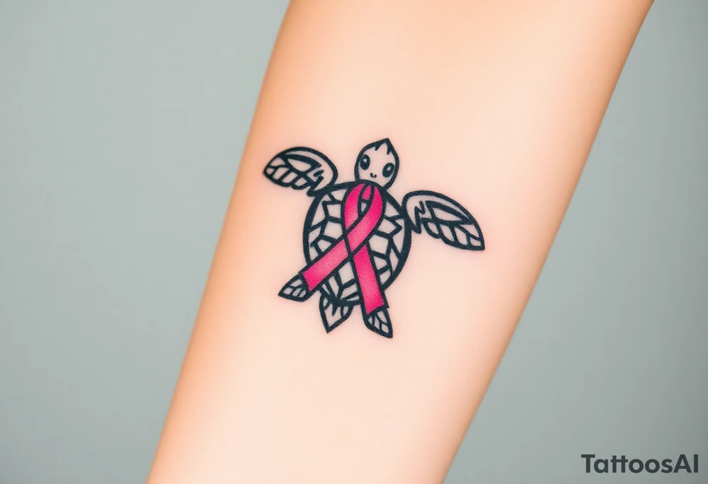 ‘I am here’ with breast cancer pink ribbon as I with Hawaiian theme sea turtle tattoo idea