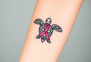 ‘I am here’ with breast cancer pink ribbon as I with Hawaiian theme sea turtle tattoo idea