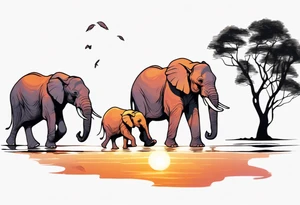 family of 6 elephants walking into sunset after one of them has died tattoo idea