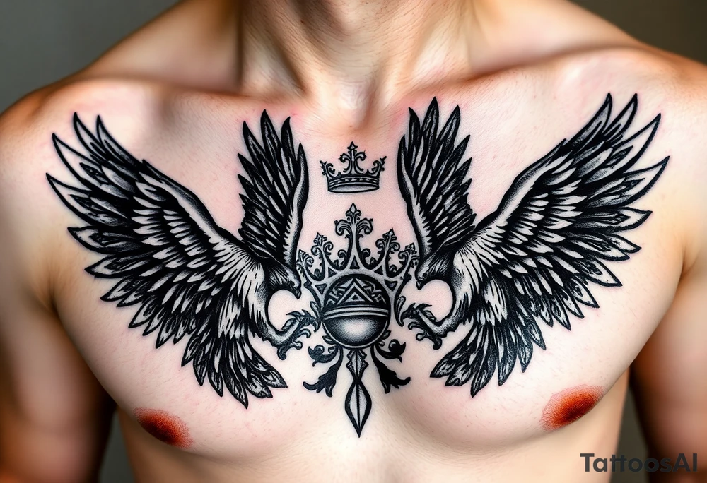 Chest tattoo,powerful two pilish symetricals majestic darks eagles, surrounded by lure ornaments , between eagles a crown tattoo idea