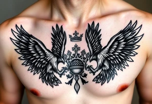 Chest tattoo,powerful two pilish symetricals majestic darks eagles, surrounded by lure ornaments , between eagles a crown tattoo idea