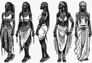 African female Valkyre full body 
slim long face small mouth long braided hair tattoo idea