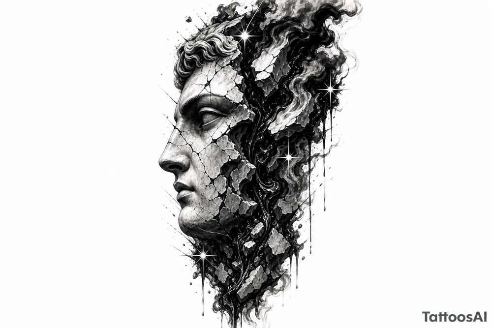Black and grey tattoo design of a broken marble statue face split down the middle, side view profile, realistic shattered porcelain effect, dark wispy smoke and liquid pouring out of the cracks, Chicano tattoo shading, heavy blackwork background, sharp 4-point sparkle stars, high contrast, clean white background, detailed tattoo stencil style tattoo idea