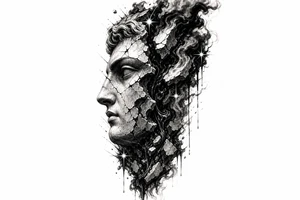 Black and grey tattoo design of a broken marble statue face split down the middle, side view profile, realistic shattered porcelain effect, dark wispy smoke and liquid pouring out of the cracks, Chicano tattoo shading, heavy blackwork background, sharp 4-point sparkle stars, high contrast, clean white background, detailed tattoo stencil style tattoo idea