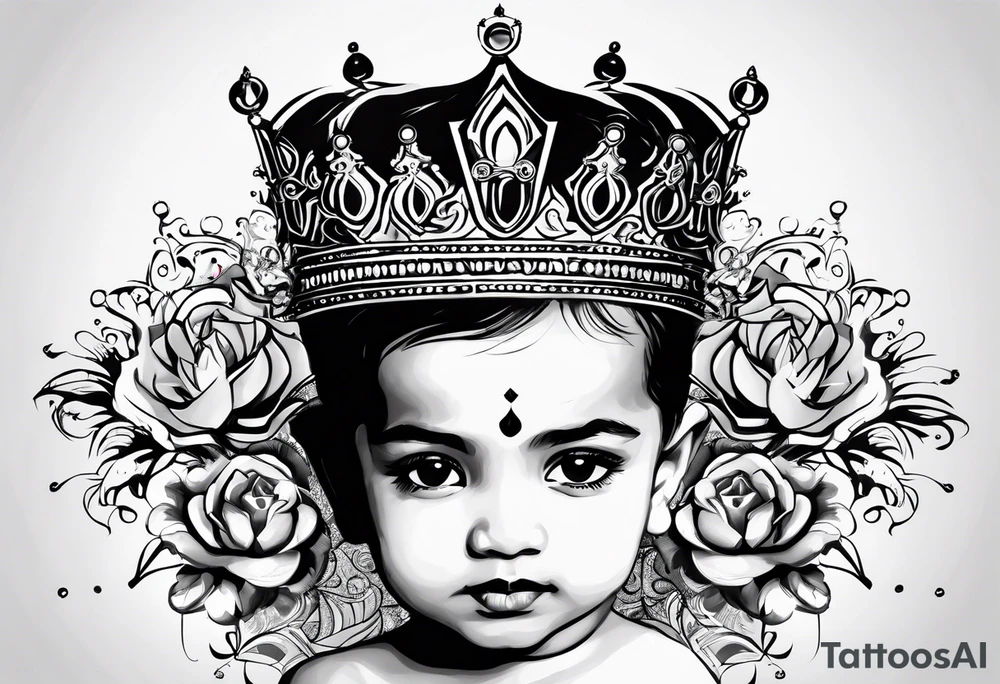 Kids names “Raaj” and “Reign” with the number 11 and crowns for their royalty tattoo idea