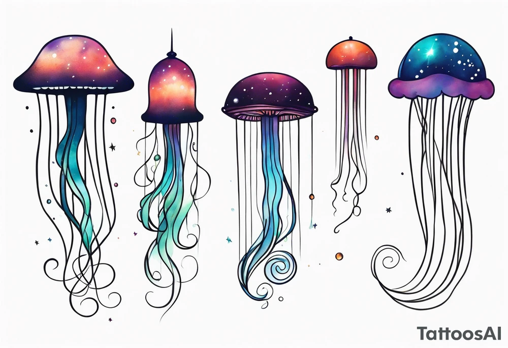 Stars, nebulas, and galaxys are inside a long slender jellyfish tattoo idea