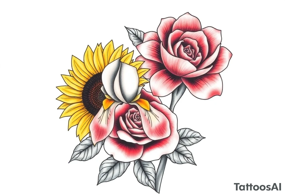 Sunflower,iris and a Rose flowers tattoo idea