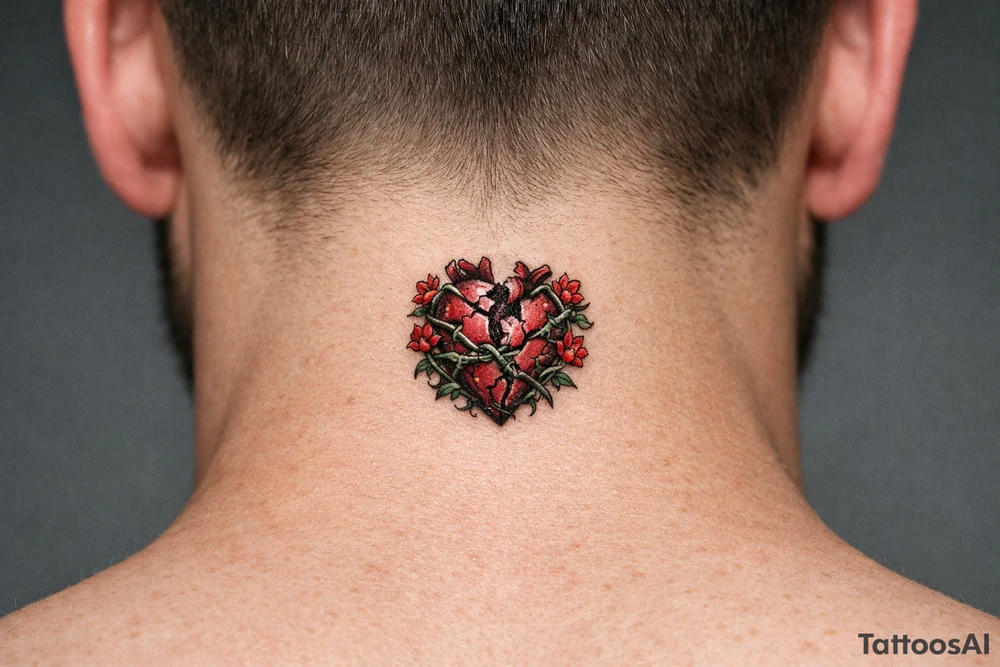 Anatomical heart broken beyond repair entwined by blooming vines, full chest piece. tattoo idea