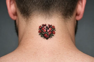 Anatomical heart broken beyond repair entwined by blooming vines, full chest piece. tattoo idea
