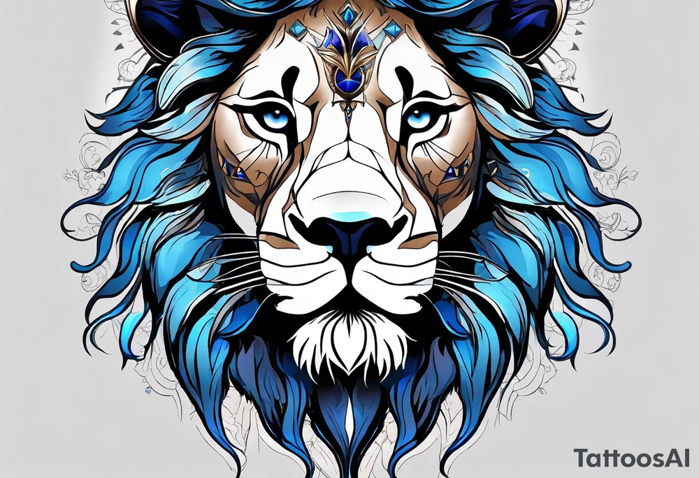 face of a lion with a third eye. Left eye blue, right eye brown. The third eye on the forehead is abstract. Around the muzzle there is a compass bezel tattoo idea
