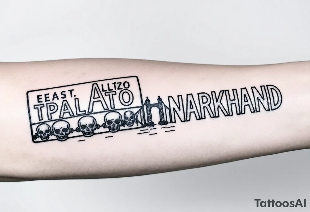 “East Palo Alto” city sign and “Newark” city sign on opposite sides of a bridge going across water in California with skulls and money and  scarface tattoo idea