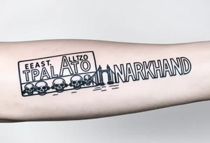 “East Palo Alto” city sign and “Newark” city sign on opposite sides of a bridge going across water in California with skulls and money and  scarface tattoo idea