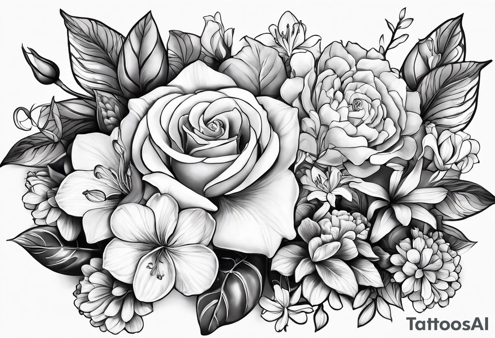 Rose, orchid, lily, marigolds, hydrangeas, begonia, dog wood, gerber daisies tattoo idea