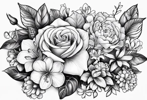 Rose, orchid, lily, marigolds, hydrangeas, begonia, dog wood, gerber daisies tattoo idea