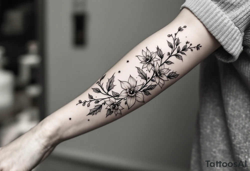starting from a band mid-forearm, a sleeve of holly flowers and daffodils tattoo idea