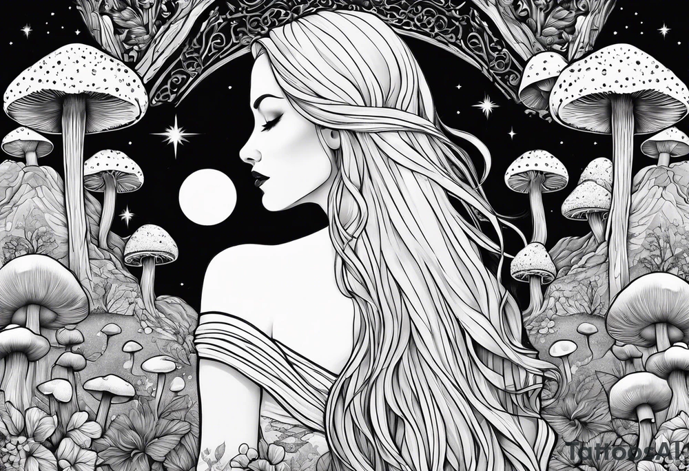 Blonde long straight hair older woman no face surrounded by mushrooms facing mountains crescent moon background tattoo idea