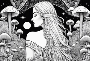 Blonde long straight hair older woman no face surrounded by mushrooms facing mountains crescent moon background tattoo idea