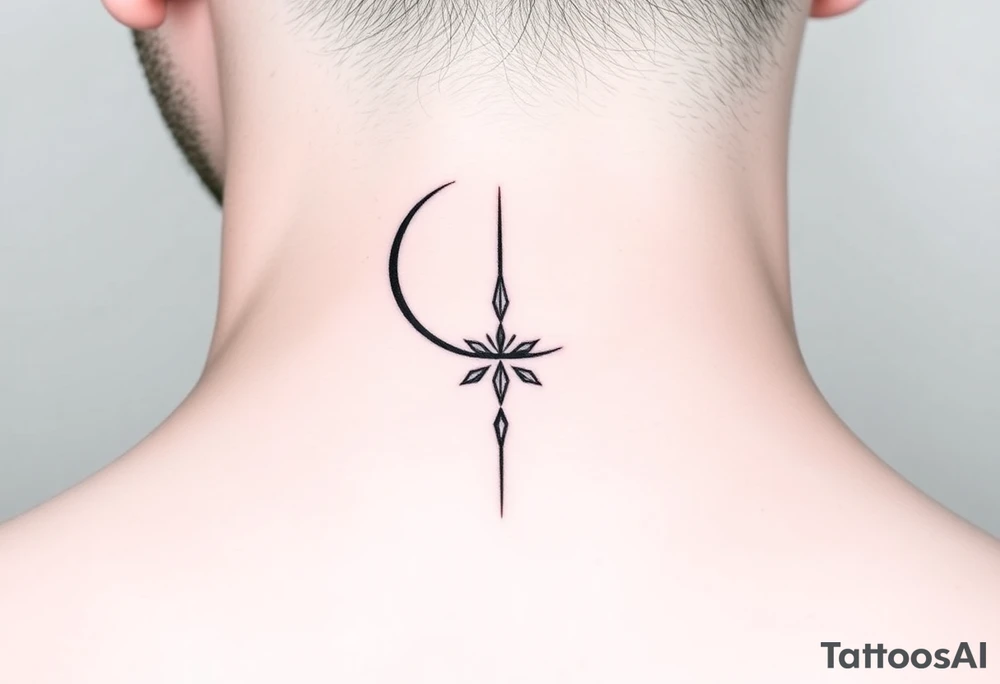 A minimalist crescent moon neck tattoo positioned just behind the ear. The crescent moon is thin and curves to the left. A sharp vertical line extends downward from the inner curve of the moon, intersecting with a symmetrical starburst shape at the center of the line. The starburst has four points — the top and bottom points are elongated, while the horizontal points are shorter, giving it a sleek and modern look. The design features clean, thin lines with a slightly hand-drawn feel, combining celestial and geometric elements. The tattoo follows the natural curve of the neck, giving it an elegant and balanced appearance. tattoo idea