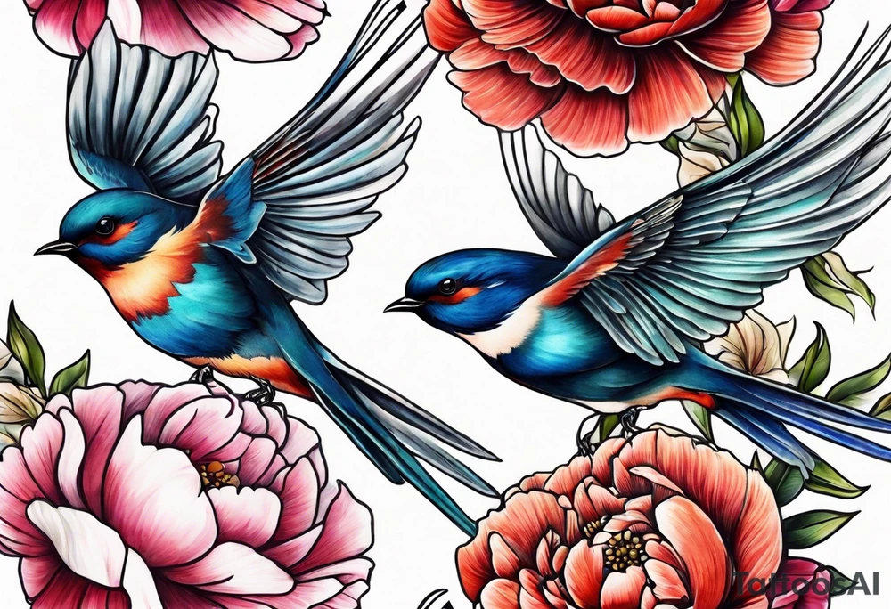 Two swallows with peonies tattoo idea
