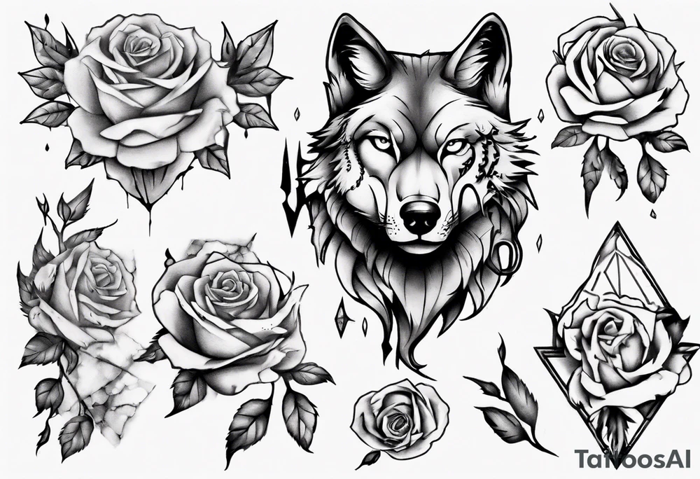 Wolf with roses and broken glass tattoo idea