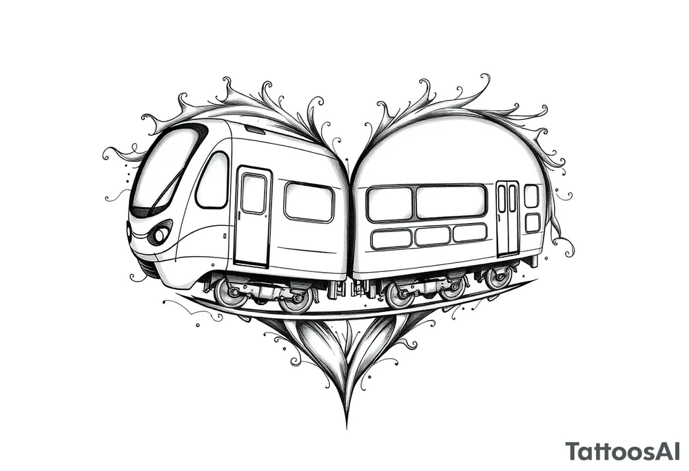 A modern train with carriages in the shape of a heart tattoo idea