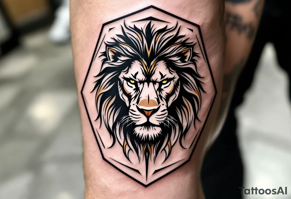 A Czech lion inside a hexagonal frame, combining realism and modern minimalism, with subtle gold highlights. tattoo idea