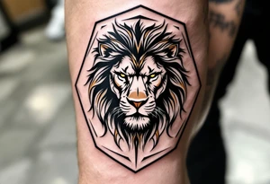 A Czech lion inside a hexagonal frame, combining realism and modern minimalism, with subtle gold highlights. tattoo idea