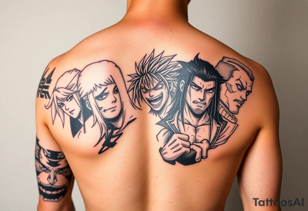 Battle royal anime sleeve with several characters from different Manga tattoo idea